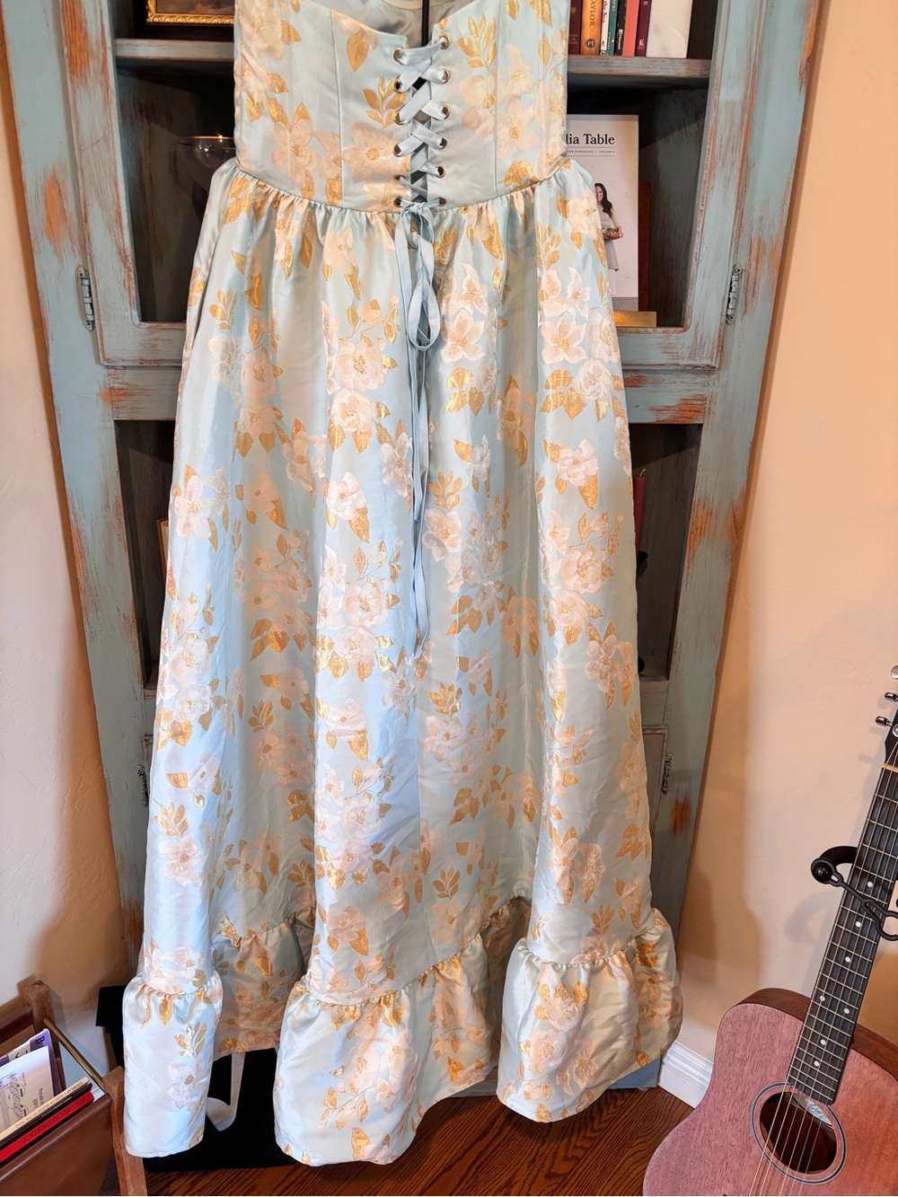 Strapless Light Blue & Gold Floral Sweetheart Maxi Dress - Picture 11 of 16
